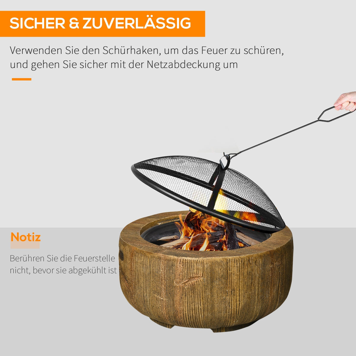 Fire Bowl Fire Pit, Lid & Poker, Tree Stump Design, Steel MgO Brown