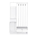 Hallway coat rack with padded storage bench and pegboard, with 4 hooks, white