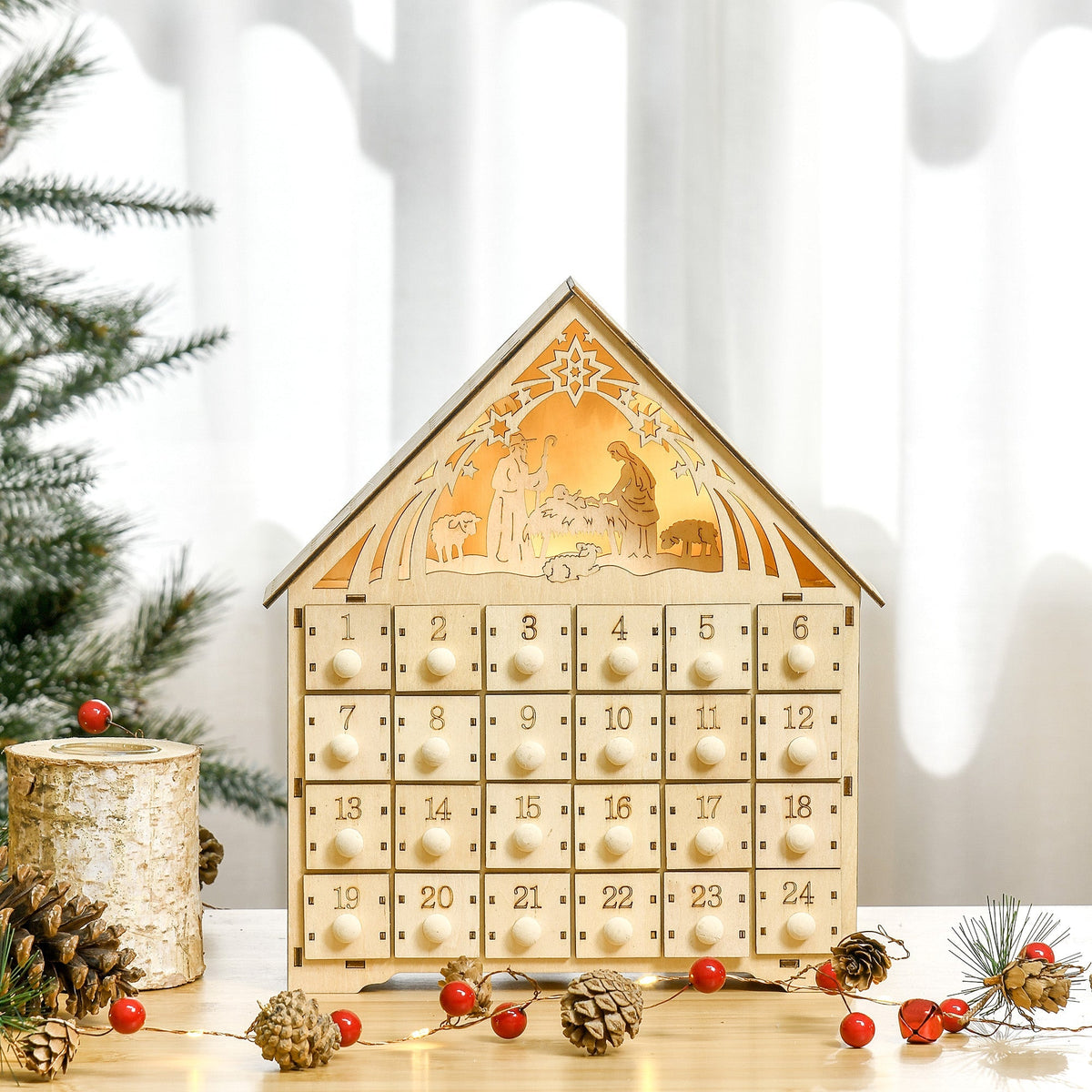 Advent Calendar, 24 Drawers, LED Lights, Natural Wood