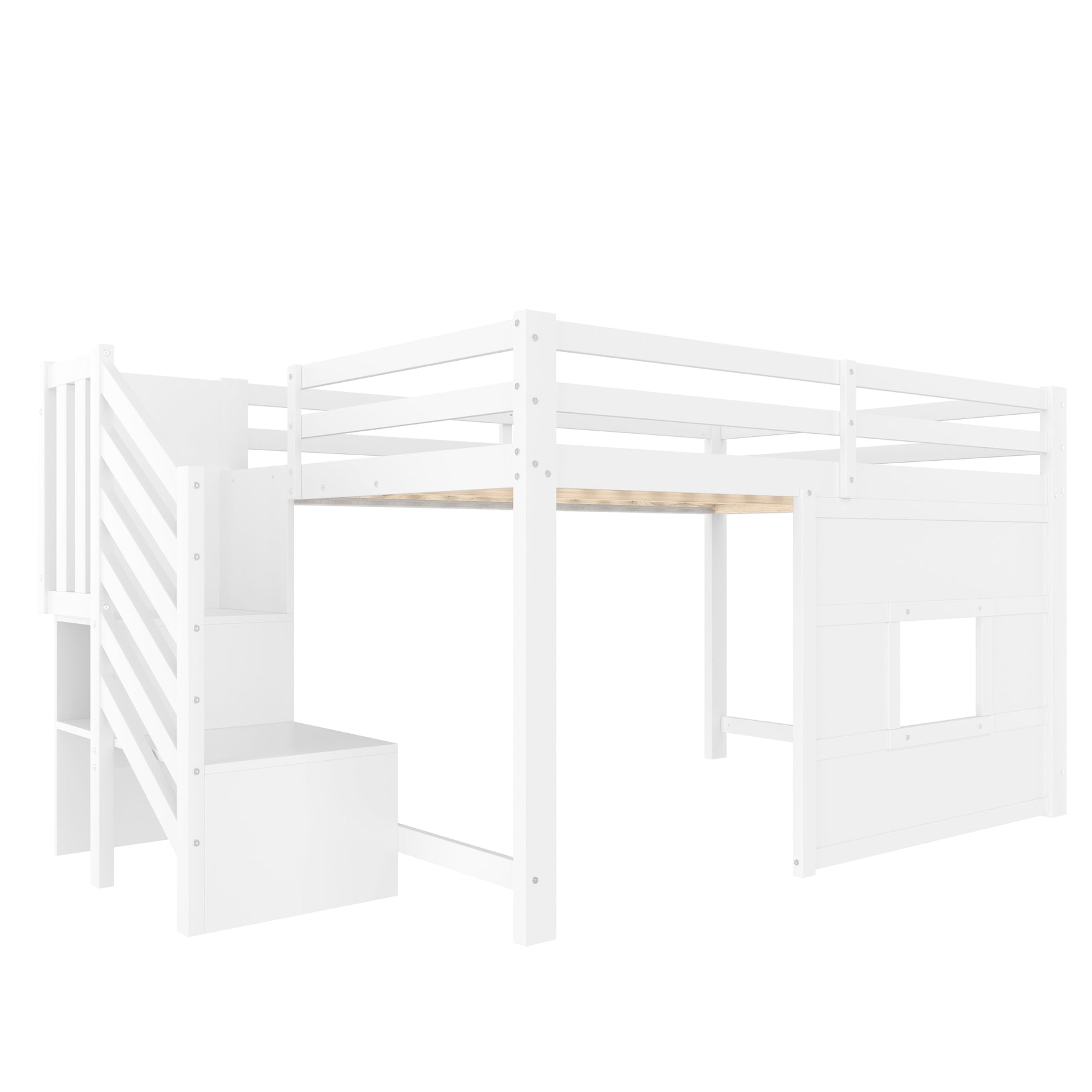 Loft Bed 140x200 with Storage Stairs and Window, White