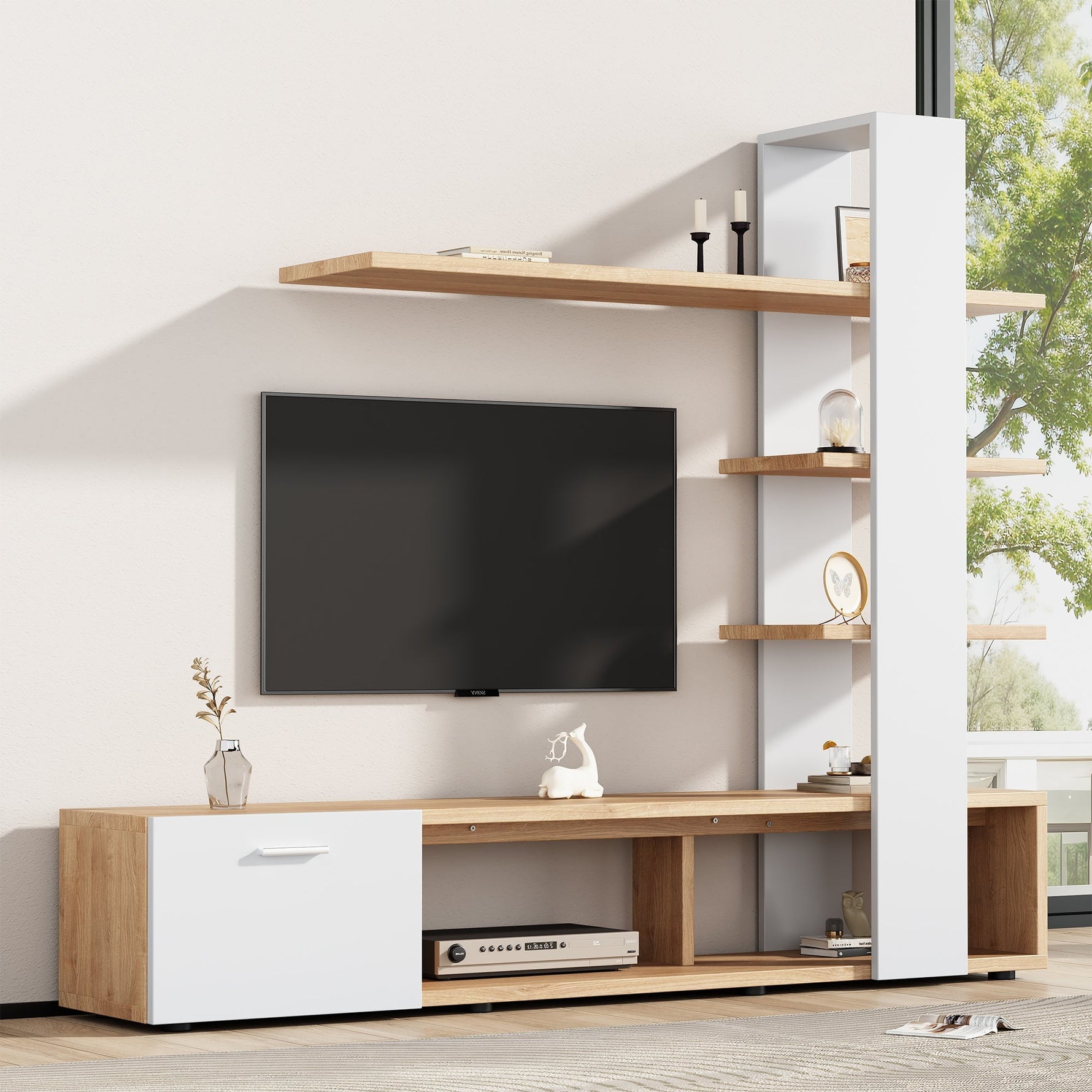 Living Room Wall Cabinet, 180x33.5x151.5cm, for TVs under 60 inches, Modern Oak White