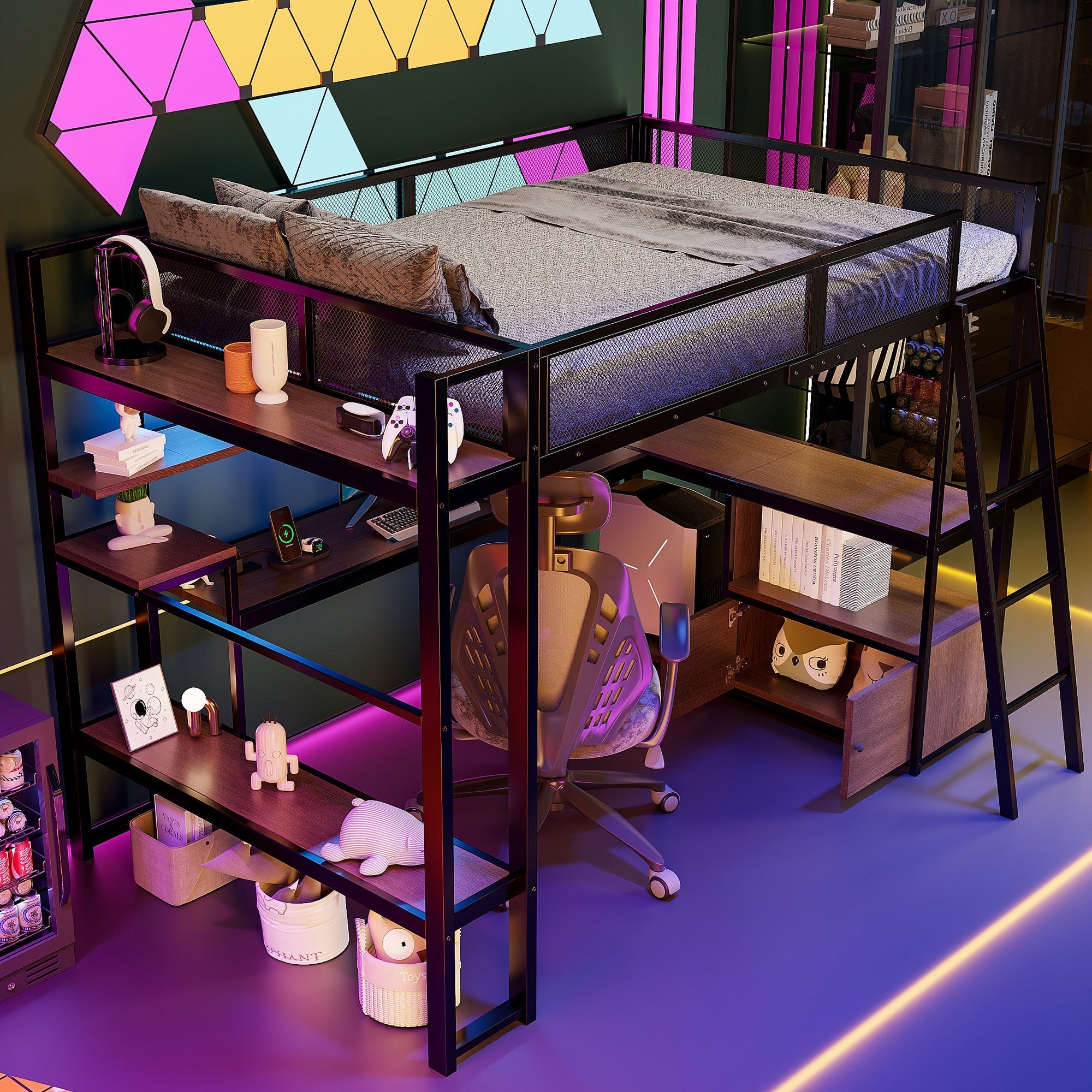 Metal Gaming Loft Bed with Integrated Workspace, LED Lighting and Storage, 140x200cm, Black