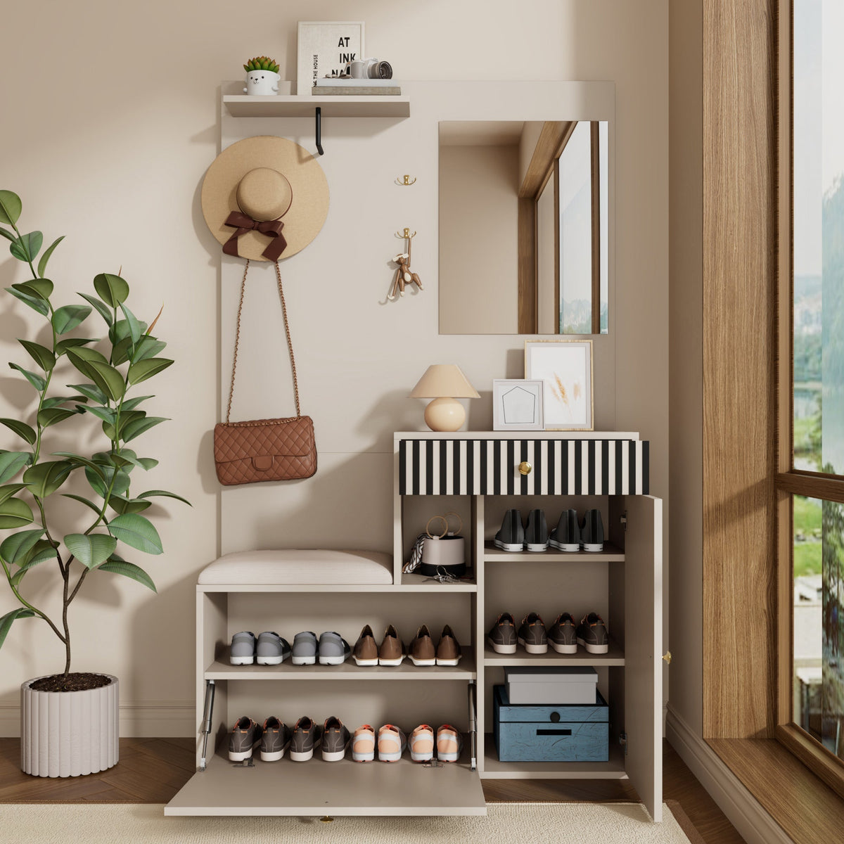 Wardrobe Set, Hallway with Mirror & Cushions, Shoe Cabinet, 110 x 185.5 x 37 cm, Compact