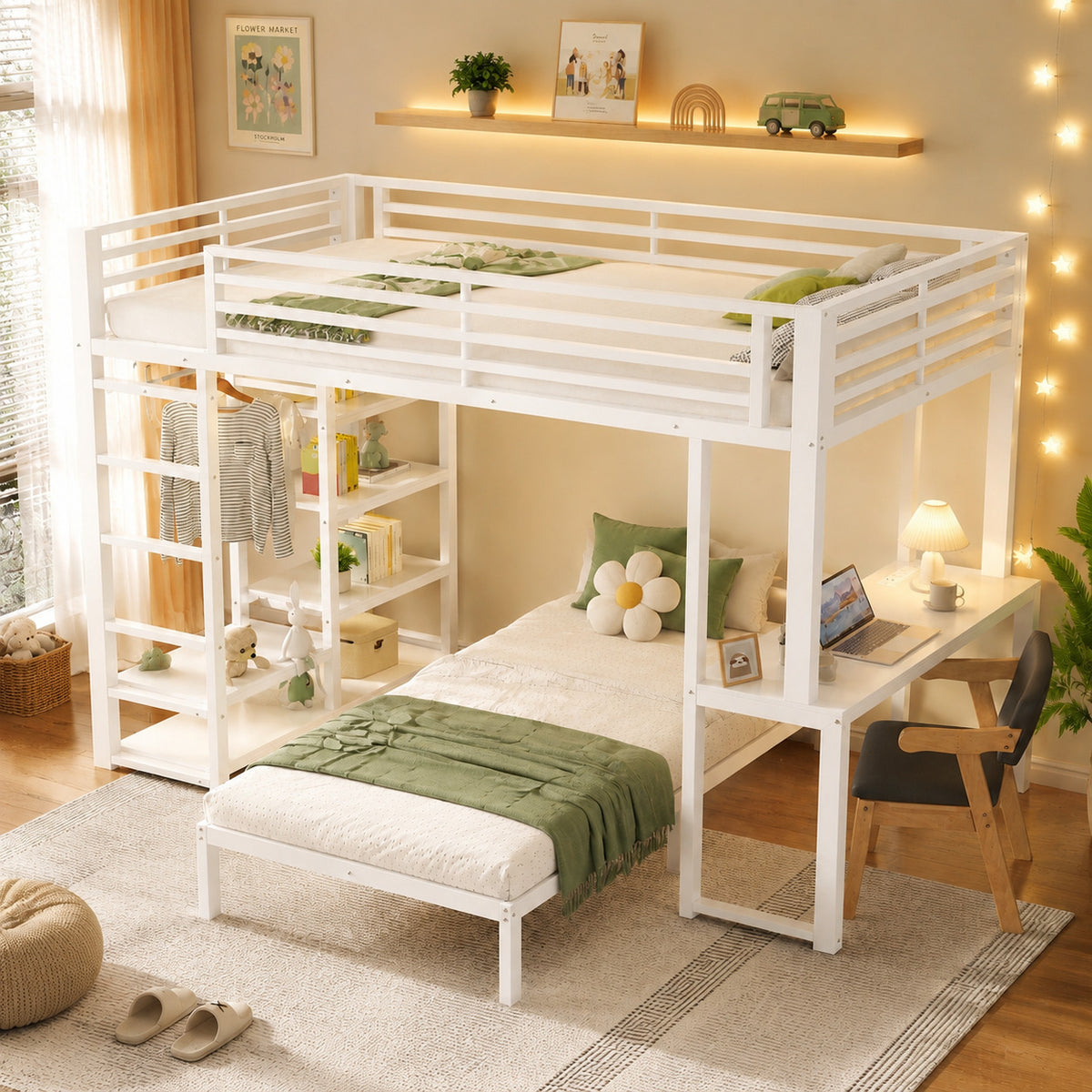 Bunk Bed 90x200cm with Desk & Shelves, White Metal