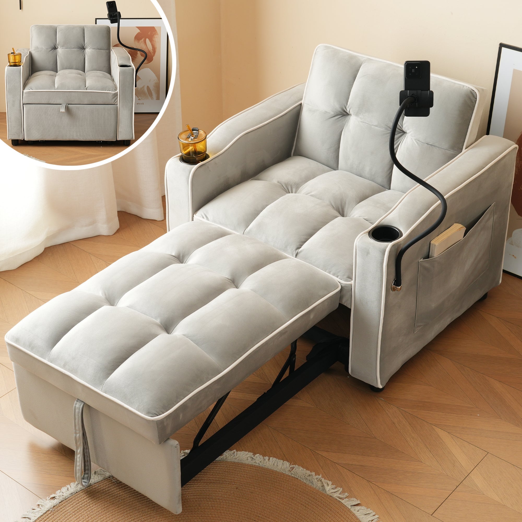 3-in-1 Extendable Single Sleeper Sofa with Cup/Phone Holders, Perfect for Small Spaces