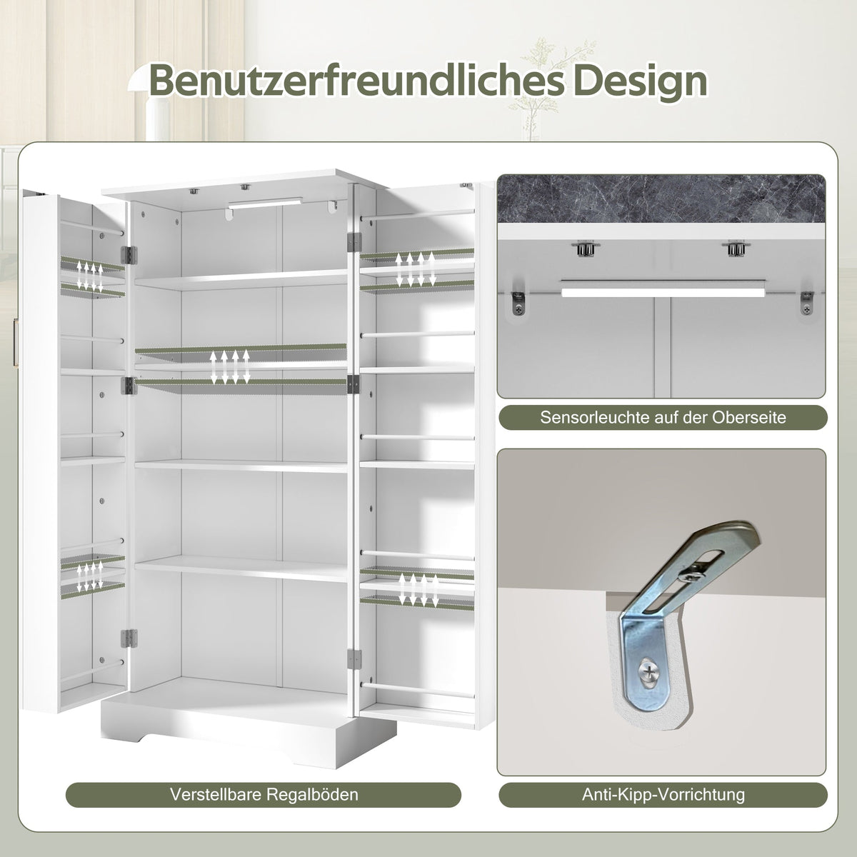 Multifunctional Kitchen Cabinet with LED Sensor Light and Adjustable Shelves, White