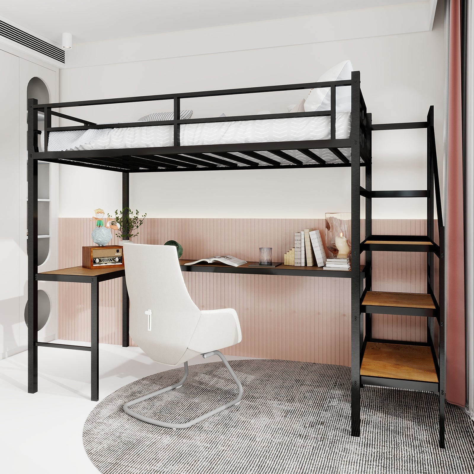 Loft Bed with L-shaped Desk, Storage & Stairs, Sturdy Metal