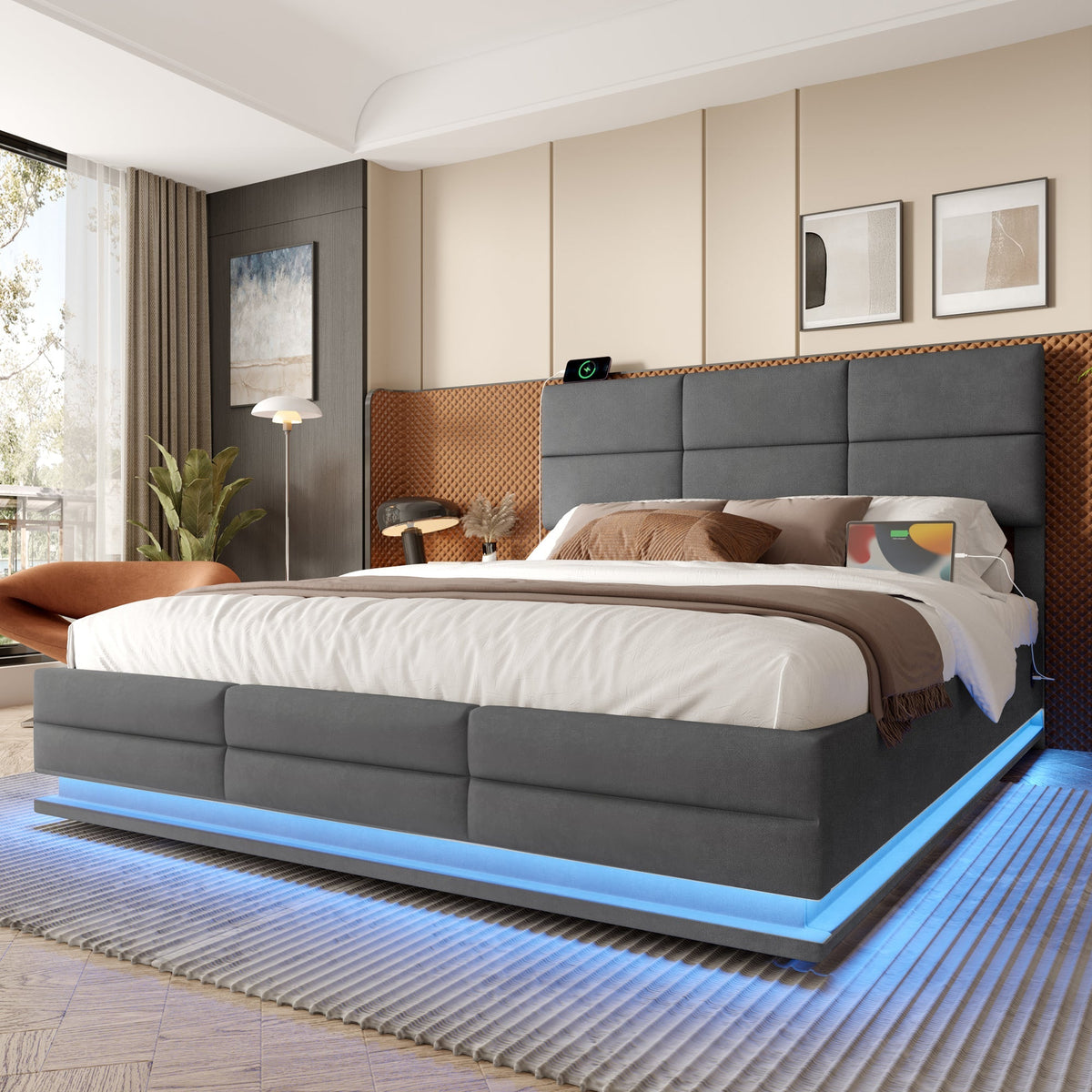 Modern Upholstered Bed 180x200cm Adjustable Headboard USB/LED Hydraulic Storage - Grey Velour