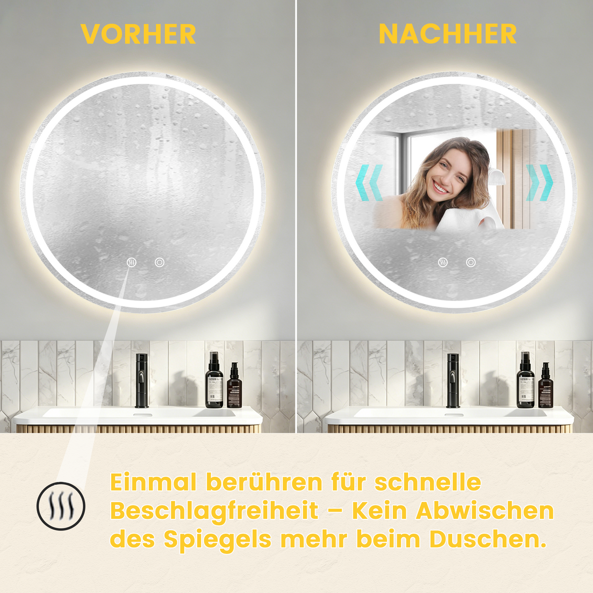 Round LED Bathroom Mirror, 60x60cm Dimmable Fog-Free Glass