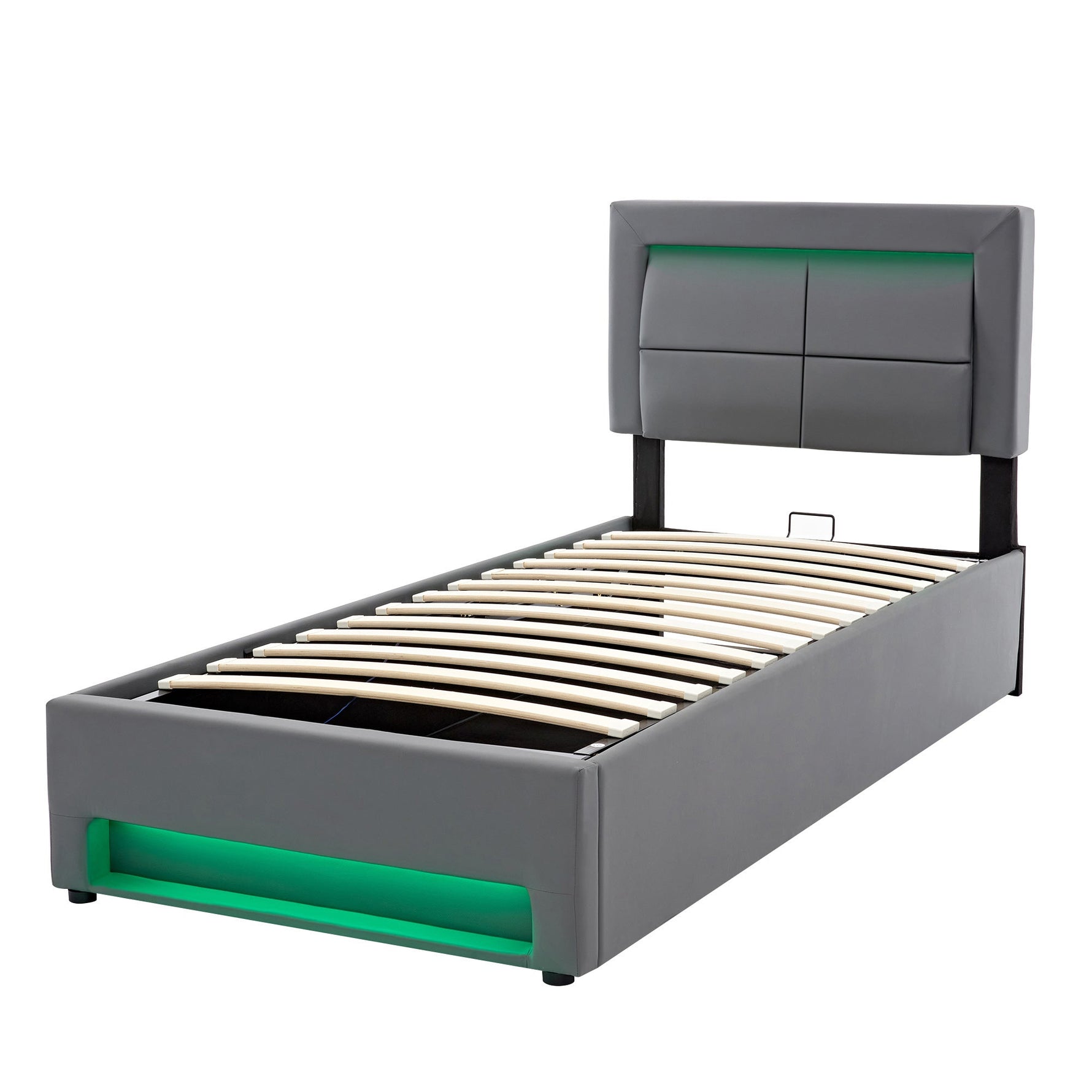 Upholstered Bed 90x200cm LED Storage USB/Wireless Charging - PU Lychee Grey