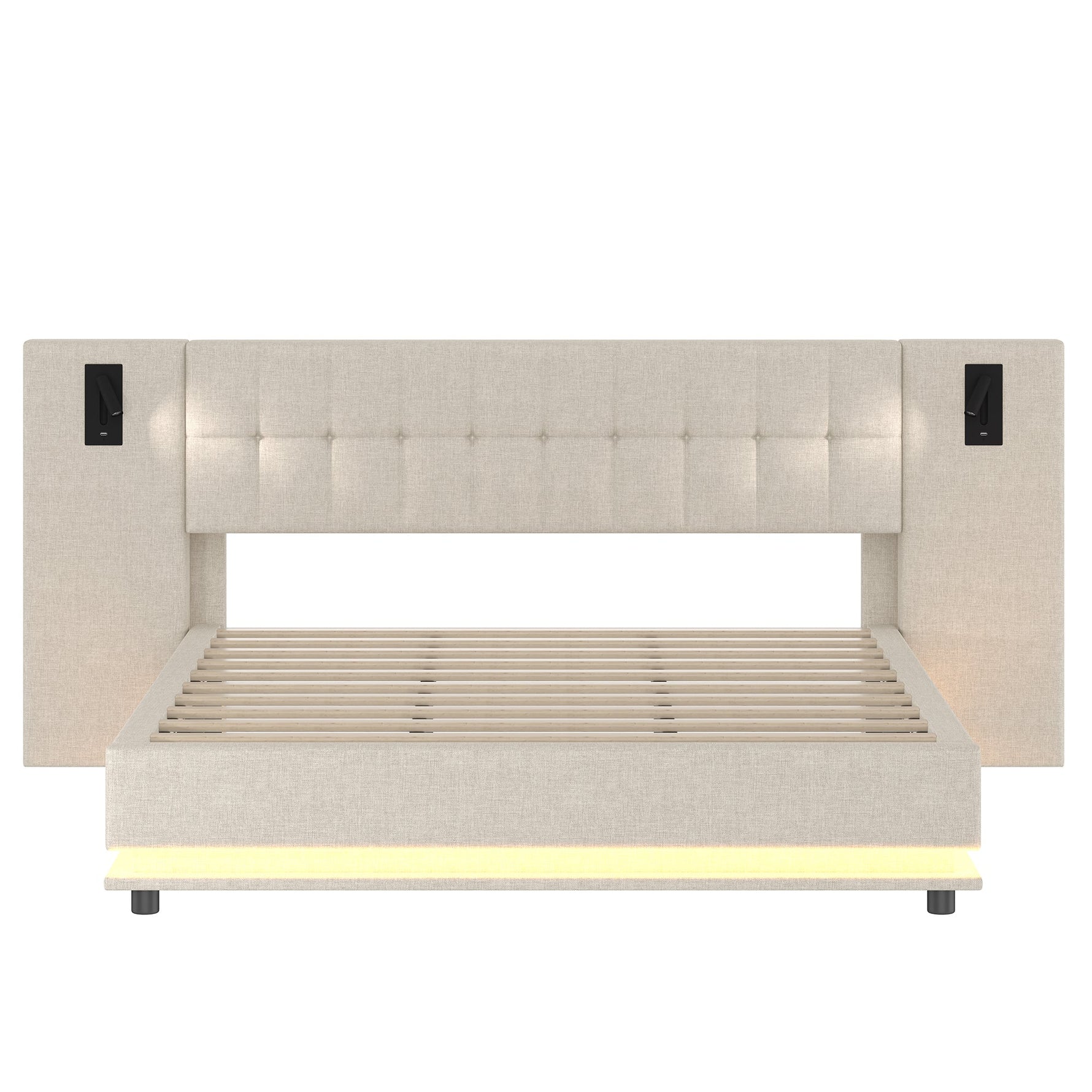 Upholstered Bed 180x200cm LED Headboard Spotlight USB - Linen Beige
