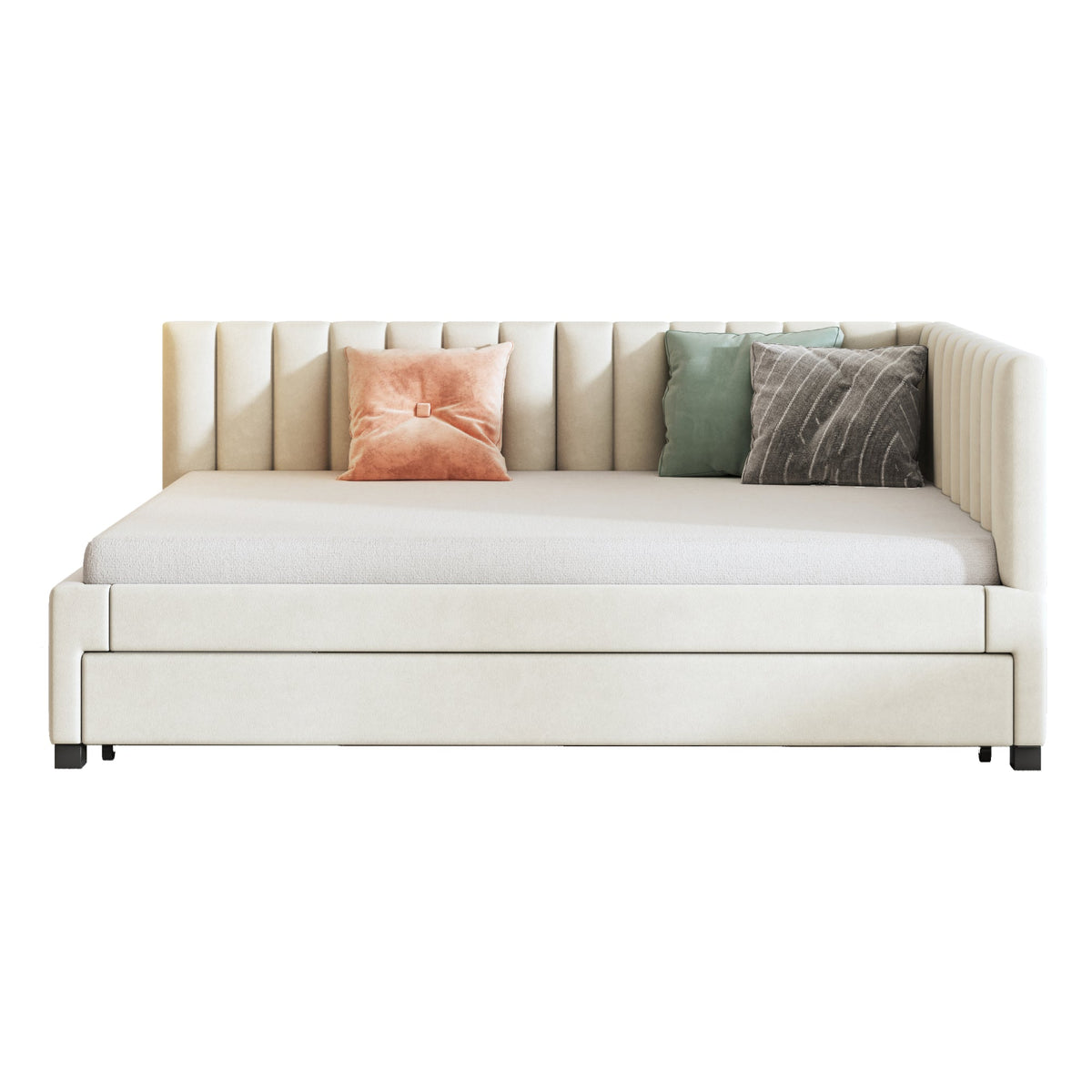 Upholstered Bed 140*200, Pull-Out Sofa Bed with Slatted Frame, Velvet Fabric Beige