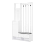 Hallway coat rack with padded storage bench and pegboard, with 4 hooks, white