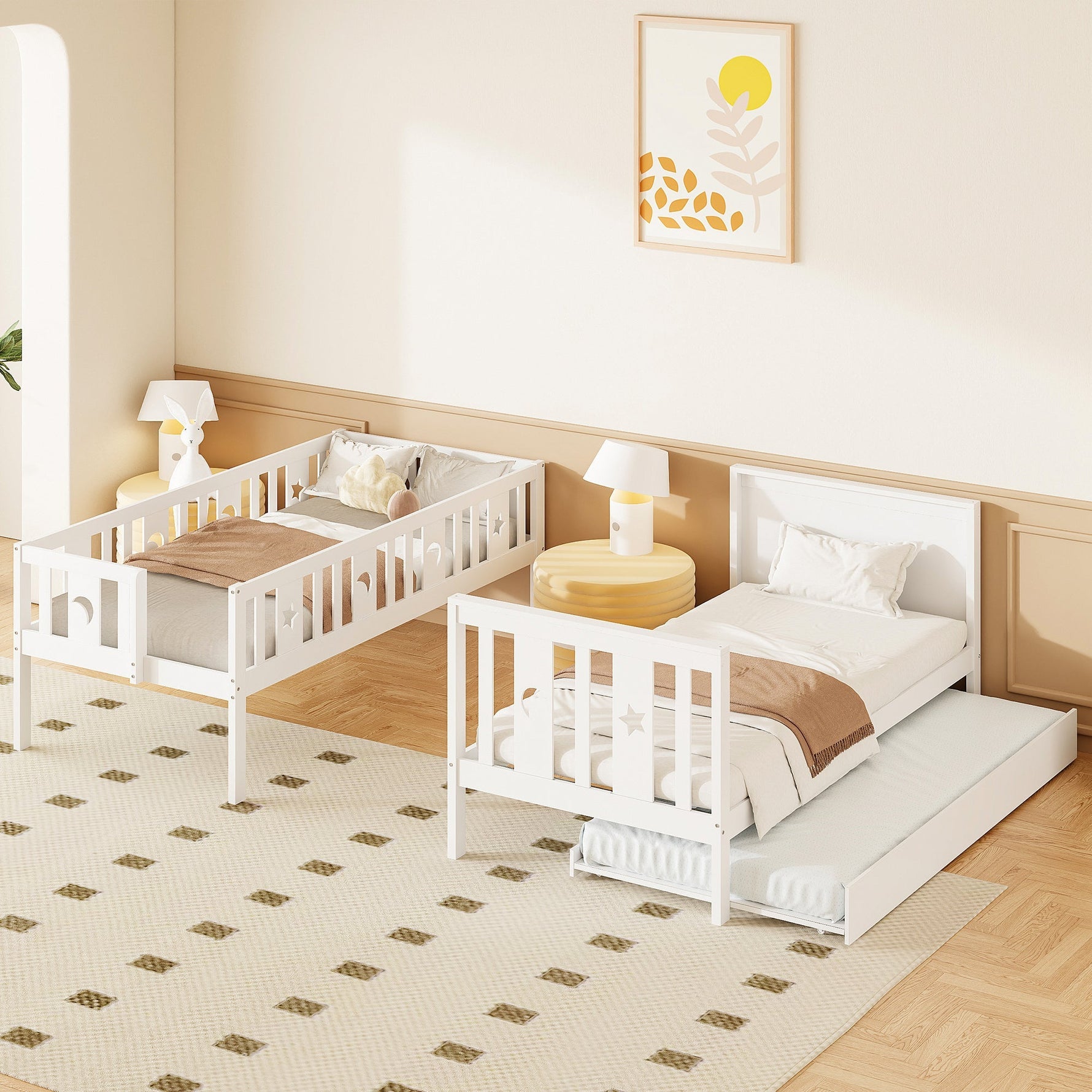 Bunk Bed for Kids with Pull-Out Bed and Storage Stairs, White