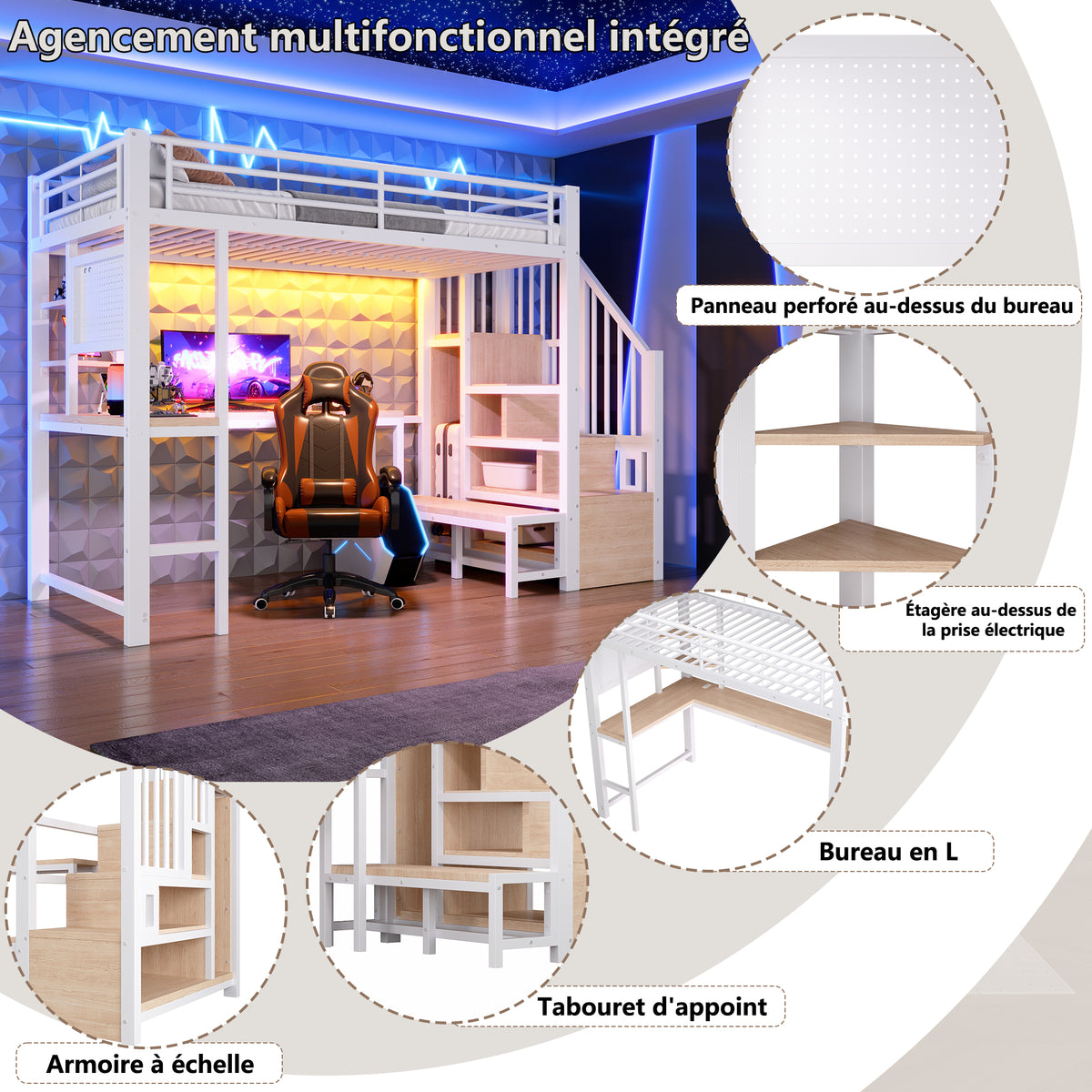 Loft Bed 90x200cm with Desk, LED Lighting & Storage - White