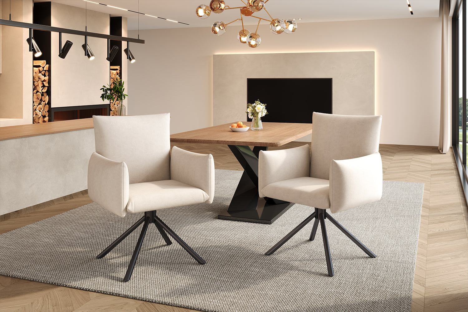 Dining Chairs Set of 4 Upholstered Swivel 360° Lumbar Support - Velvet Beige