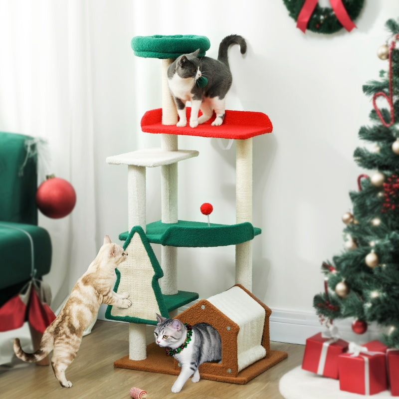 Christmas Cat Tree, 135cm with Bed, House, Scratching Posts, Toy Balls, Multi-color
