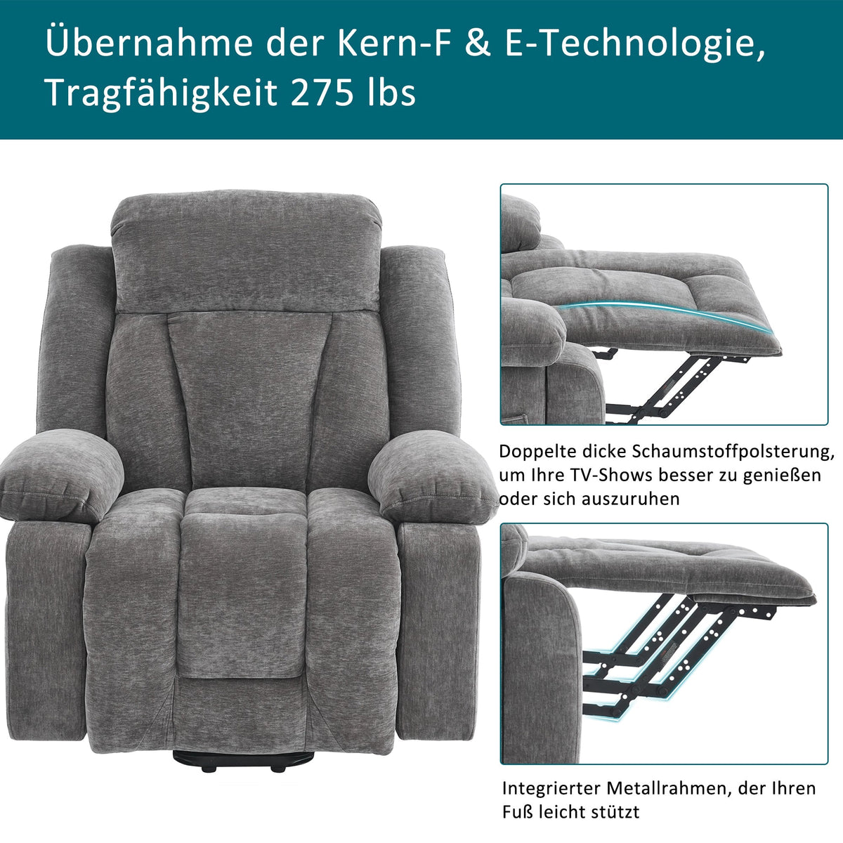 Electric Massage Chair with Lifting Function, Heating, and 8-Point Massage, Grey Fabric