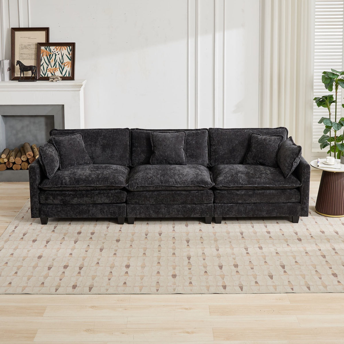 Cloud Sofa 3 Seater Modern Sectional Couch with Double Layer Upholstered Cushion, Black Chenille Fabric