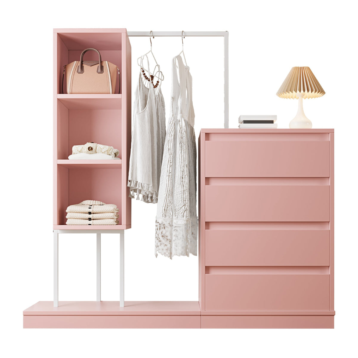 Drawer Cabinet Wardrobe Set, Sideboard Clothes Rail W140/W40/H135, Pink