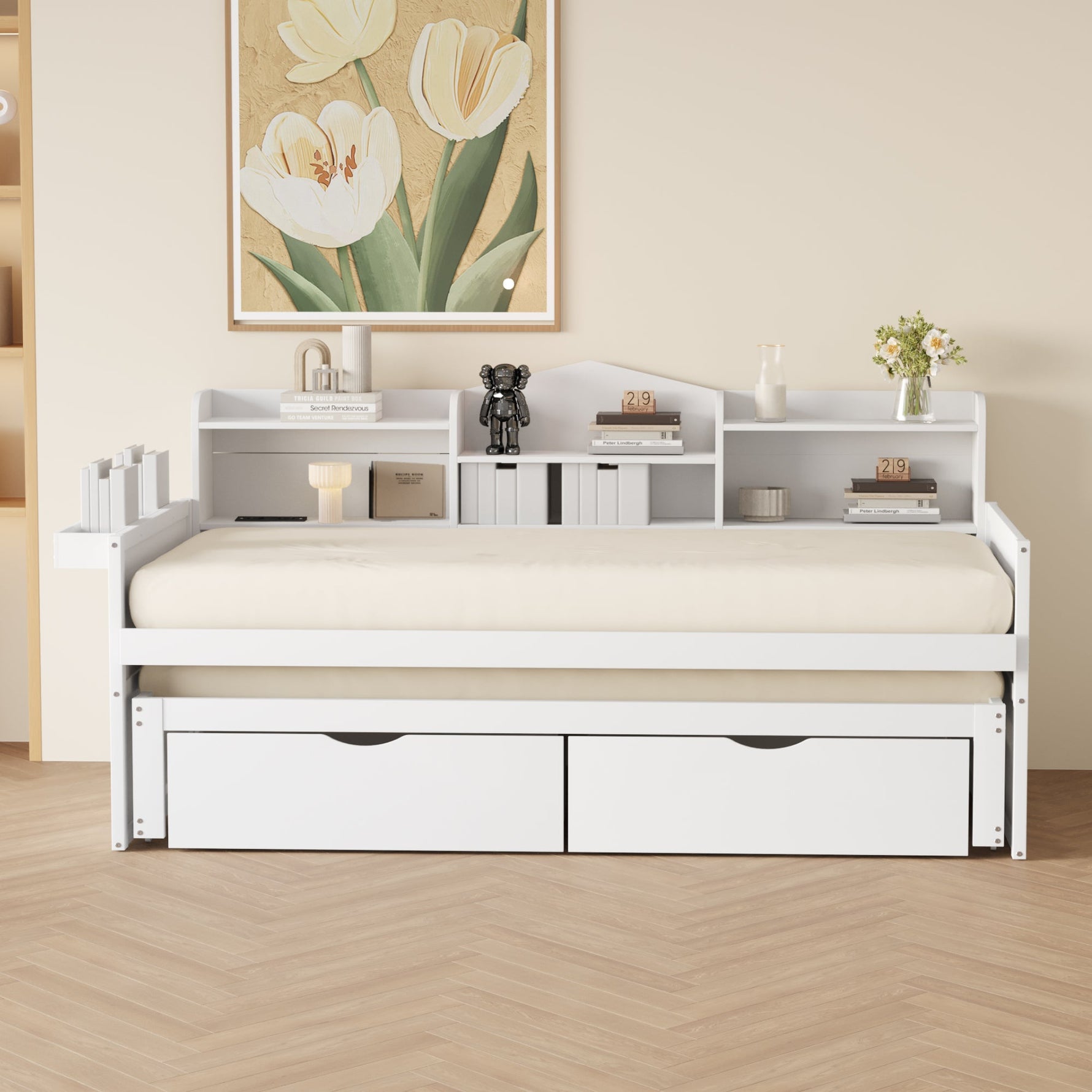 Sofa Bed 90*200, Pull-Out 90*190, 2 Drawers, Storage, USB Socket, Wooden, White
