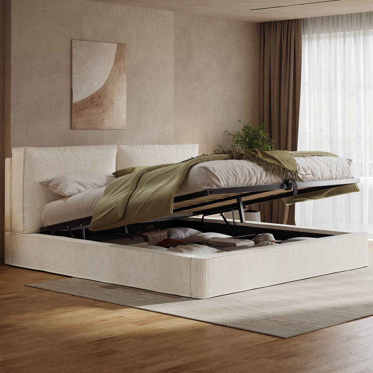 Upholstered Double Bed 180x200cm, Hydraulic Frame, Beige Corduroy
