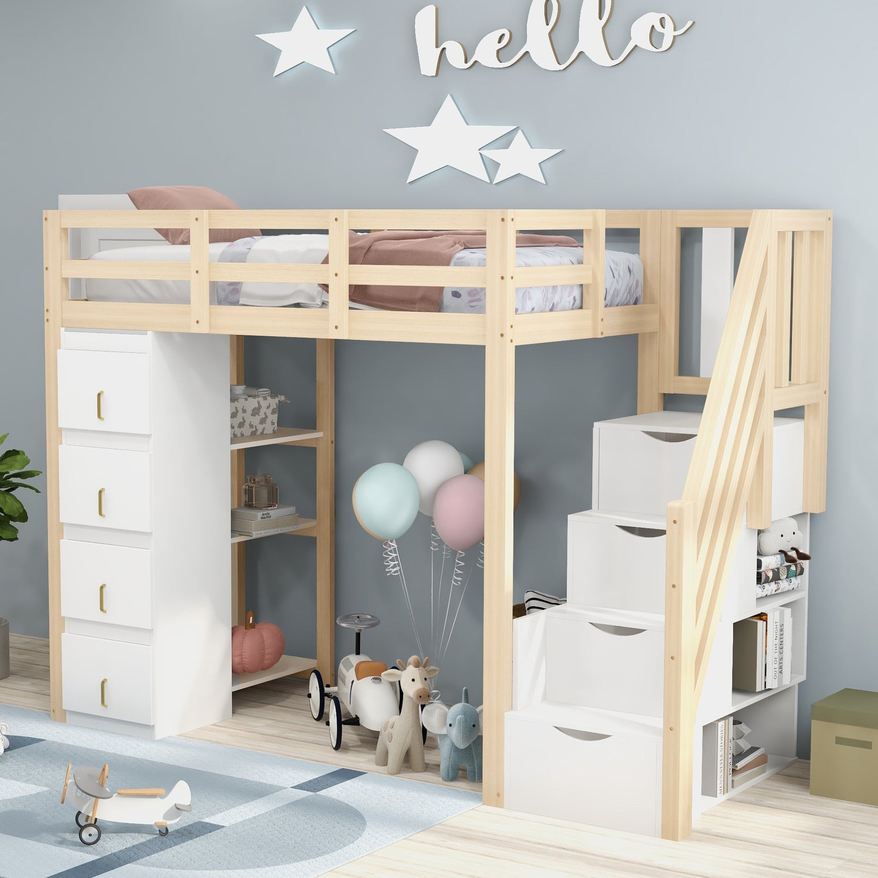 Loft Bed, 90 x 200 cm with Storage & Ladder, Solid Wood