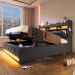 Upholstered Double Bed, 180*200, Storage Headboard with USB & Type-C, 360 LED, Hydraulic Storage, Gray Linen