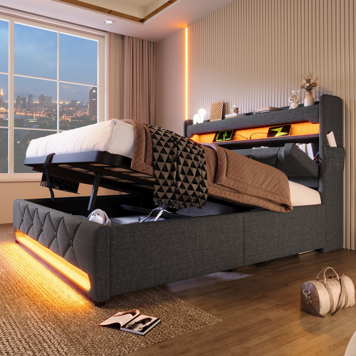 Upholstered Double Bed, 180*200, Storage Headboard with USB & Type-C, 360 LED, Hydraulic Storage, Gray Linen