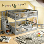 Bunk Bed 140x200 with Safety Stairs & Drawers, Grey Wood