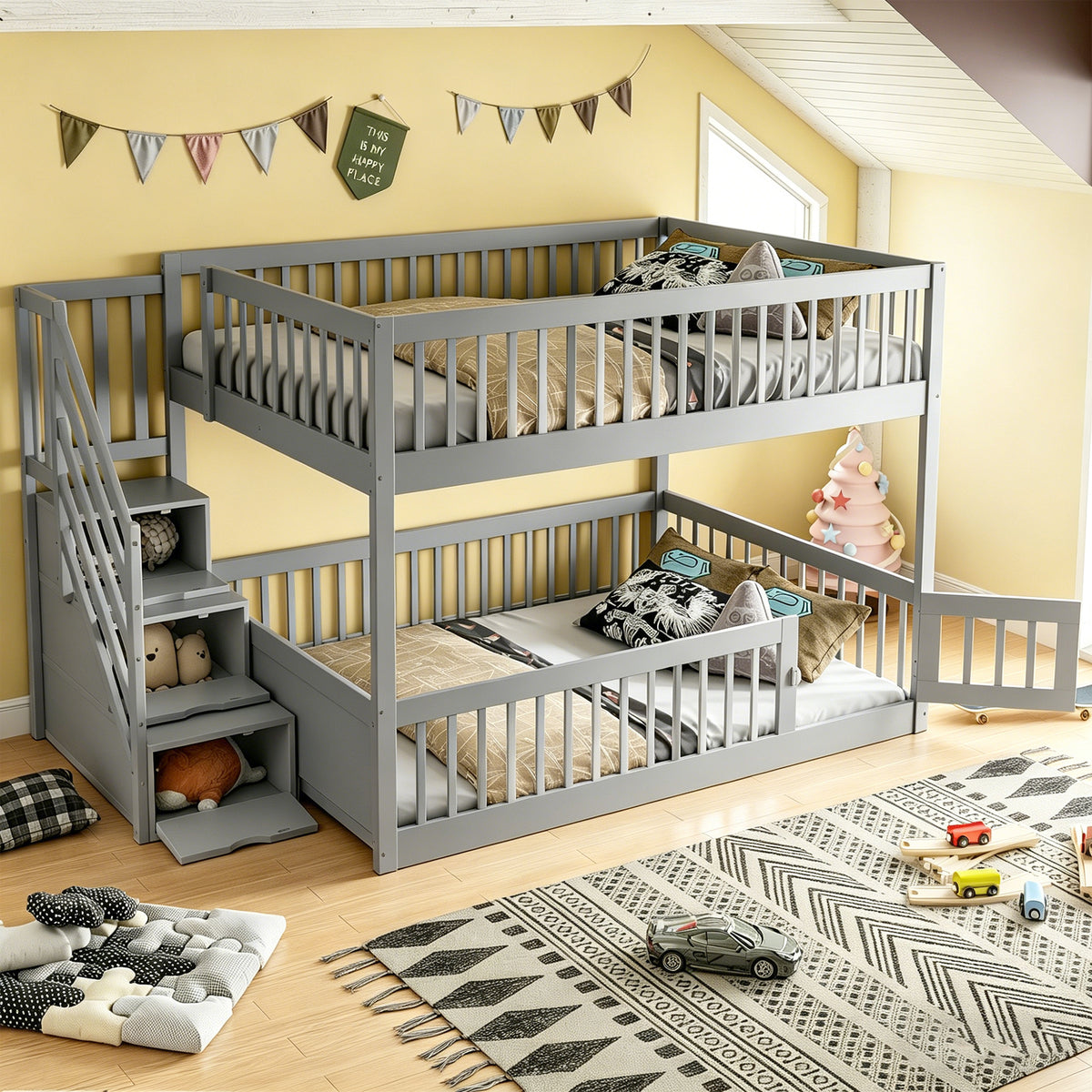 Bunk Bed 140x200 with Safety Stairs & Drawers, Grey Wood