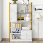 Bookcase, 6-Shelf Vertical with Doors & Drawers, Industrial Steel, White Marbled with Gold Frame
