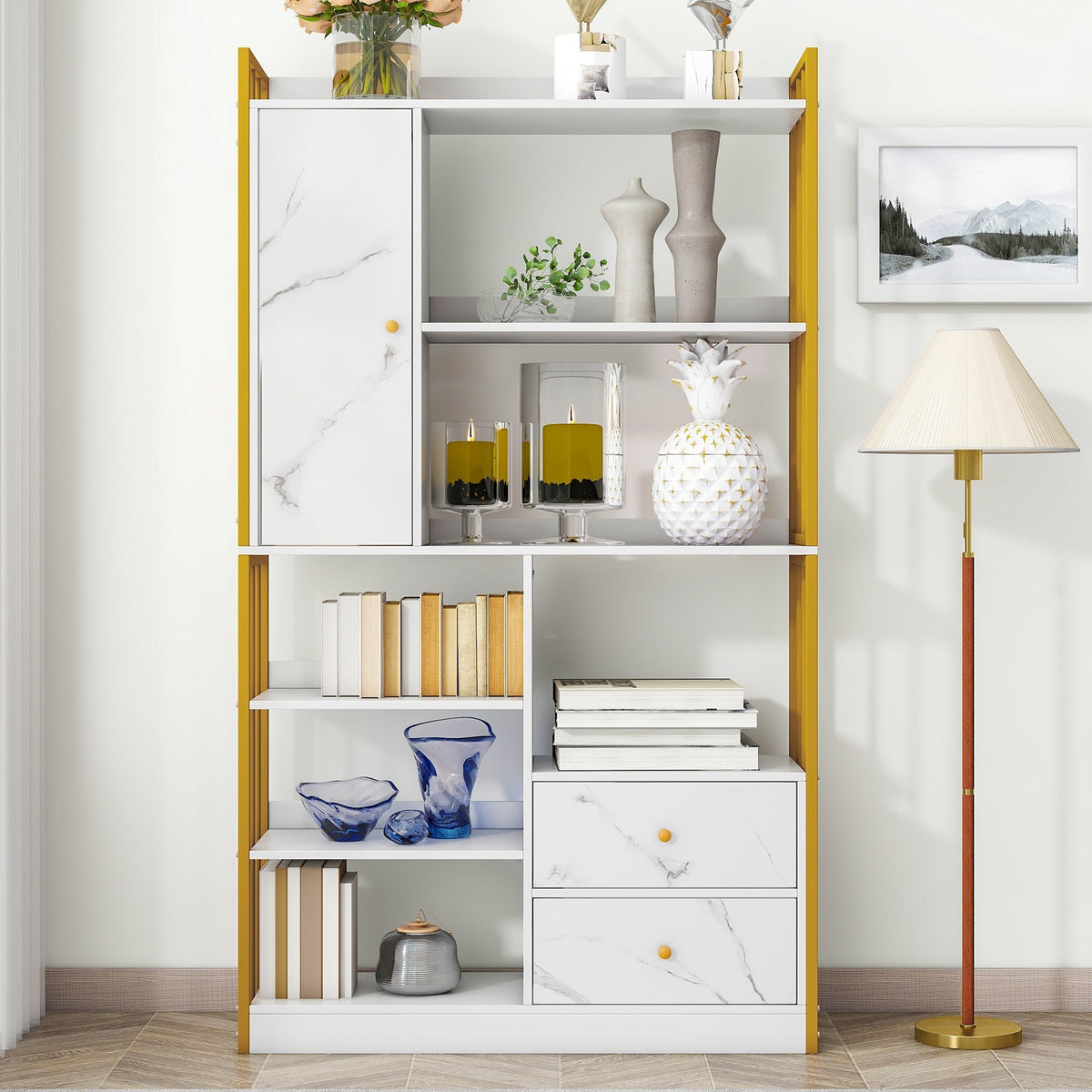 Bookcase, 6-Shelf Vertical with Doors & Drawers, Industrial Steel, White Marbled with Gold Frame