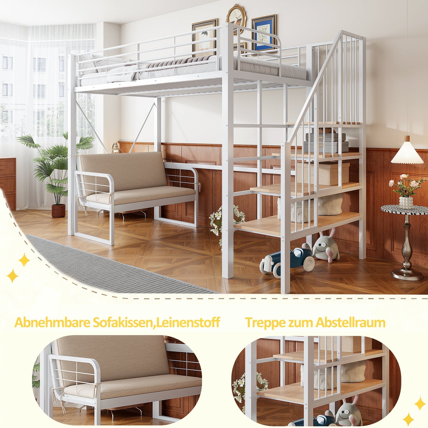 Bunk Bed with Removable Sofa, Storage and Safety Stairs, 90x200cm, White Metal