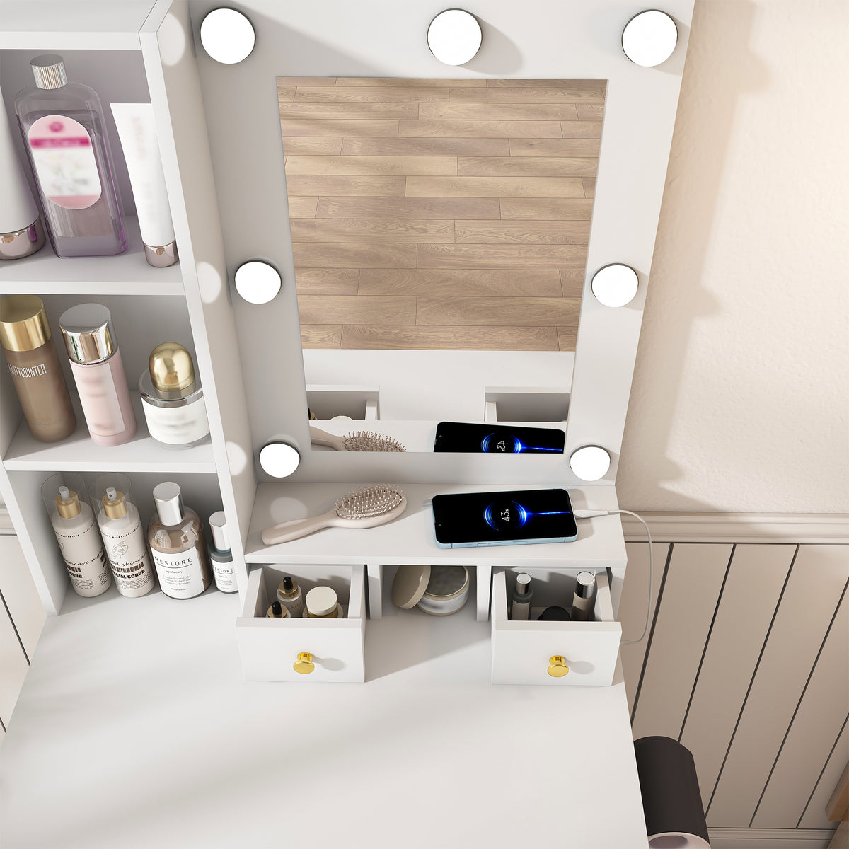 Small Vanity Desk Set with LED Mirror & Stool, White