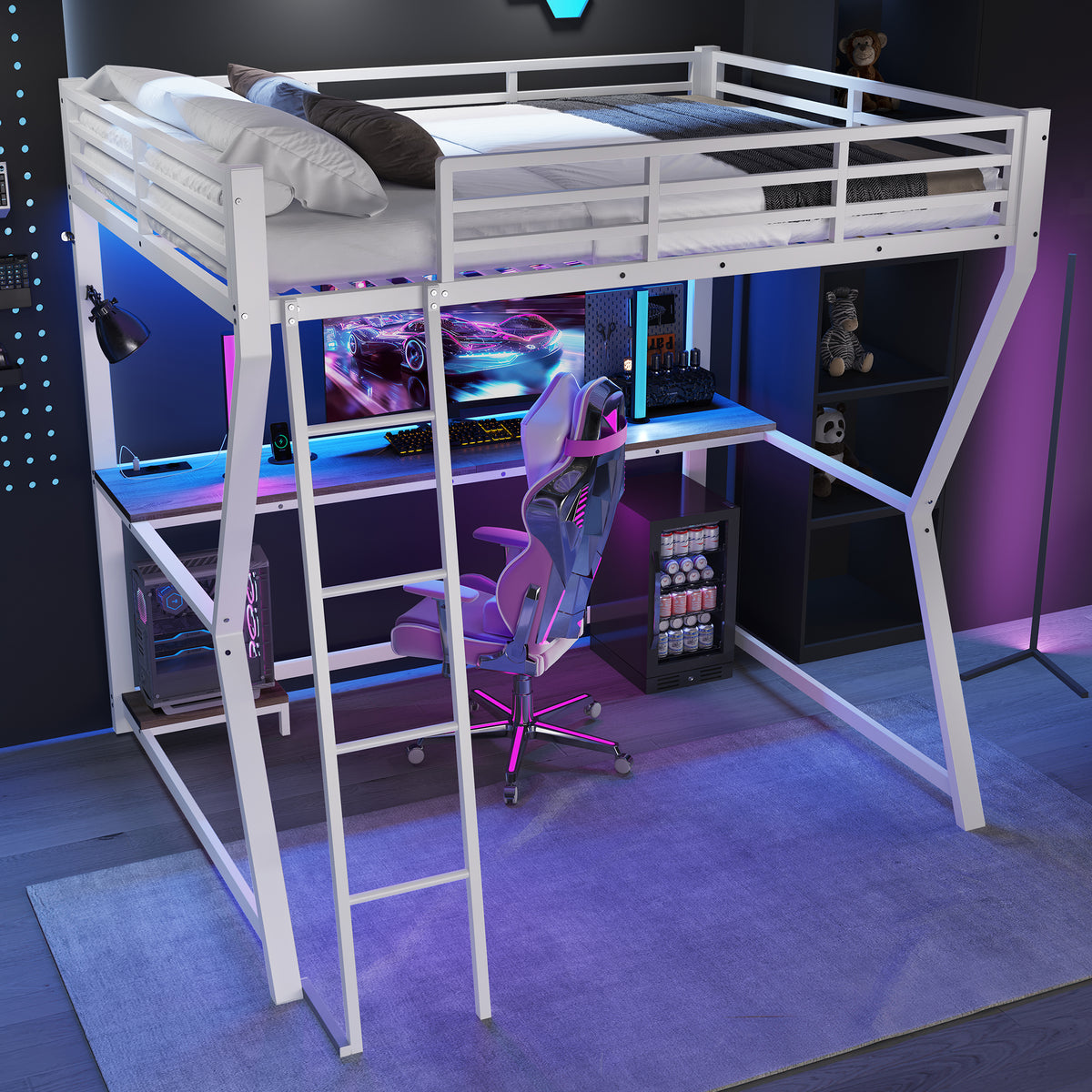 Loft Bed 140x200cm with Desk, LED Lights & USB, White
