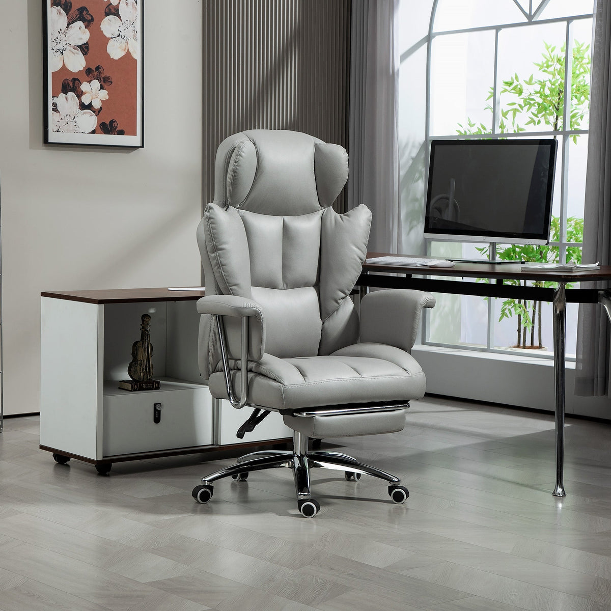 Office Chair, Ergonomic Swivel with Footrest, Light Grey