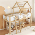 Loft Bed, Children's with Fall Protection & Rails, Roof Design, 3-Step Ladder, Pine+MDF+Plywood, White+Natural
