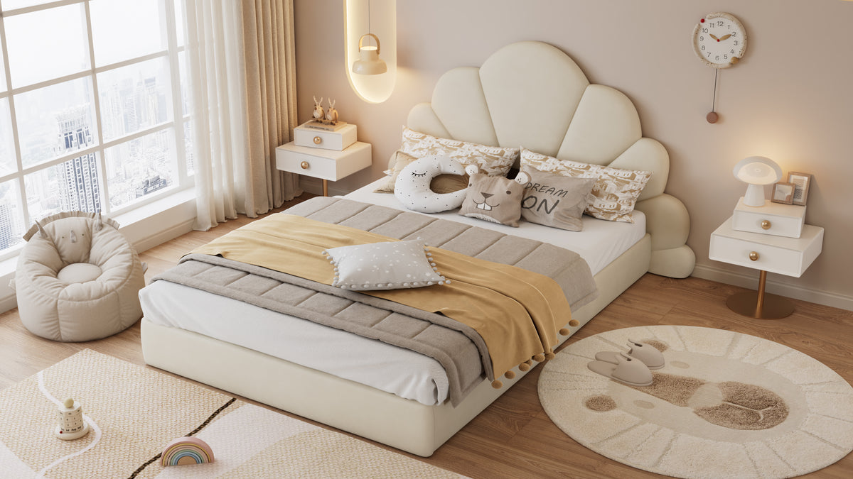 Upholstered Double Bed with Petal Headboard, 140x200cm, Beige Velvet