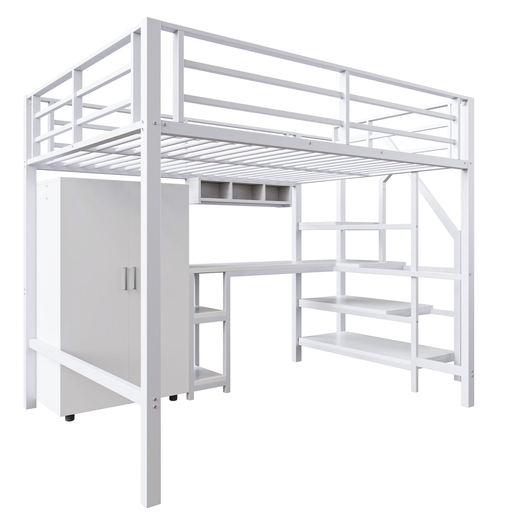Loft Bed 140x200cm Wardrobe Desk Storage Ladder Shelves - White