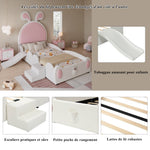 Upholstered Single Bed with Slide, Bunny Ears Headboard, 90x200cm, PU White/Pink
