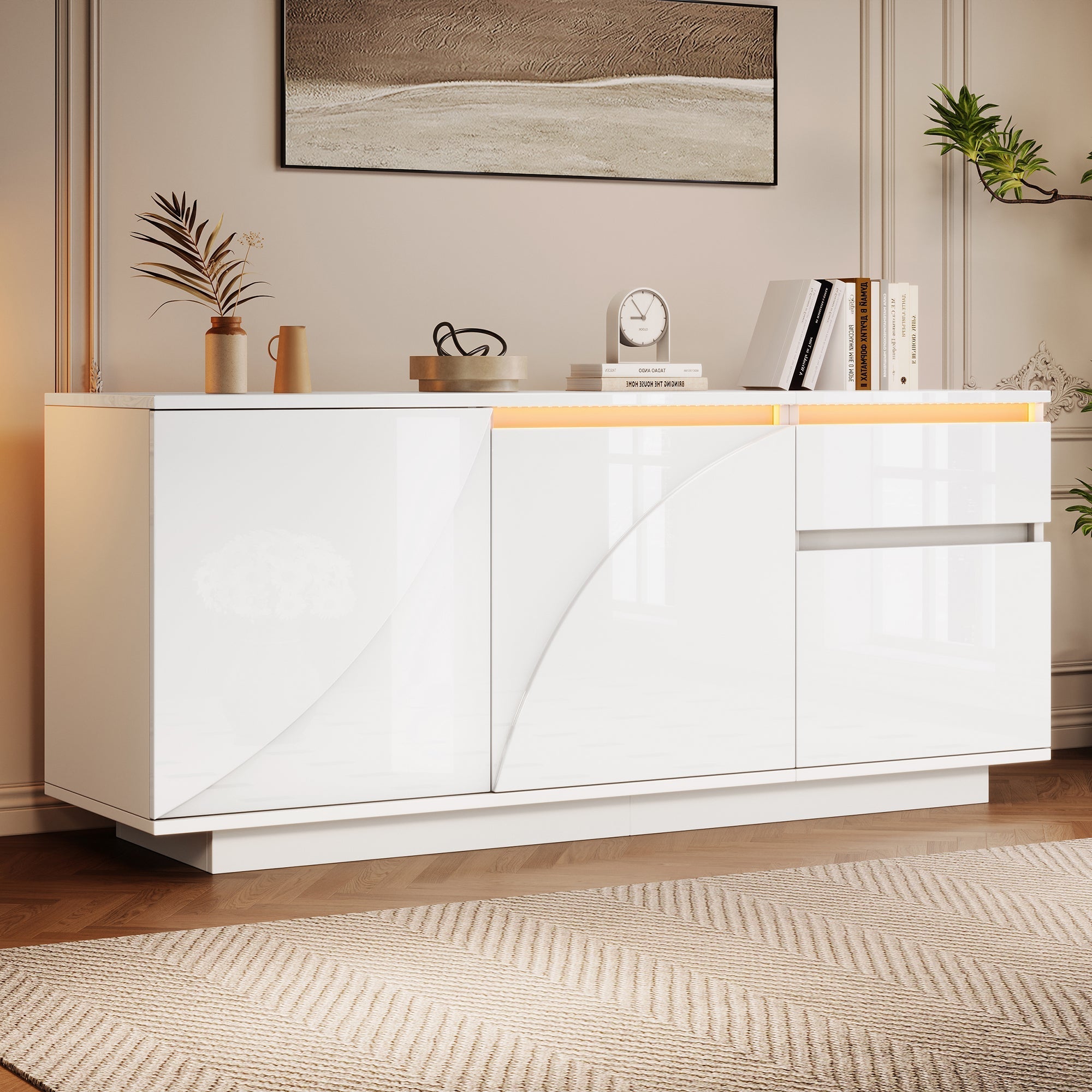 Side Cabinet, 140x40x60cm 3 Cabinets 1 Drawer Adjustable Shelves LED High-Gloss, MDF White