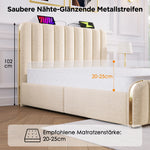 Upholstered Storage Bed 140x190cm with USB Charging, Beige Linen