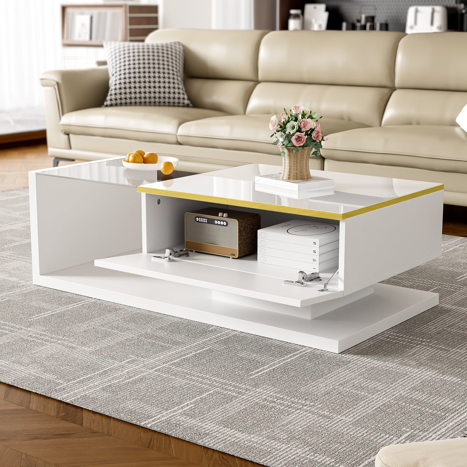 Coffee Table 100cm Long Glass LED Effect High-Gloss White