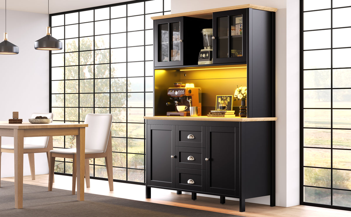 Tall Sideboard with LED Lighting, 4 Doors and 3 Drawers, White and Black