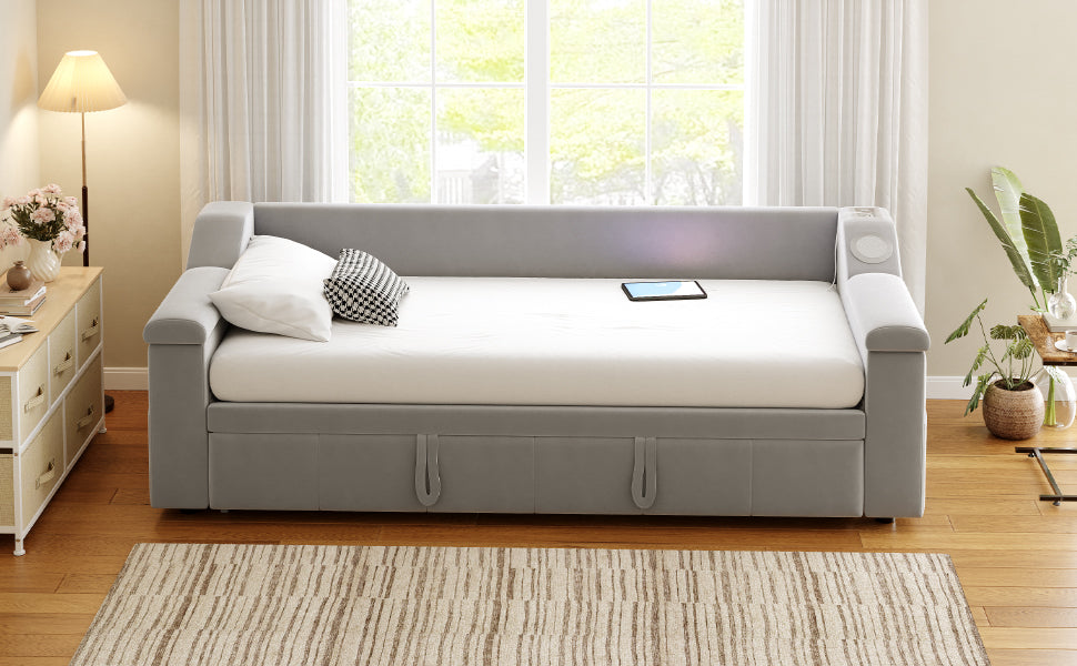 Sofa Bed, Bluetooth Stereo, Storage, Slatted Frame, Light Grey Velvet
