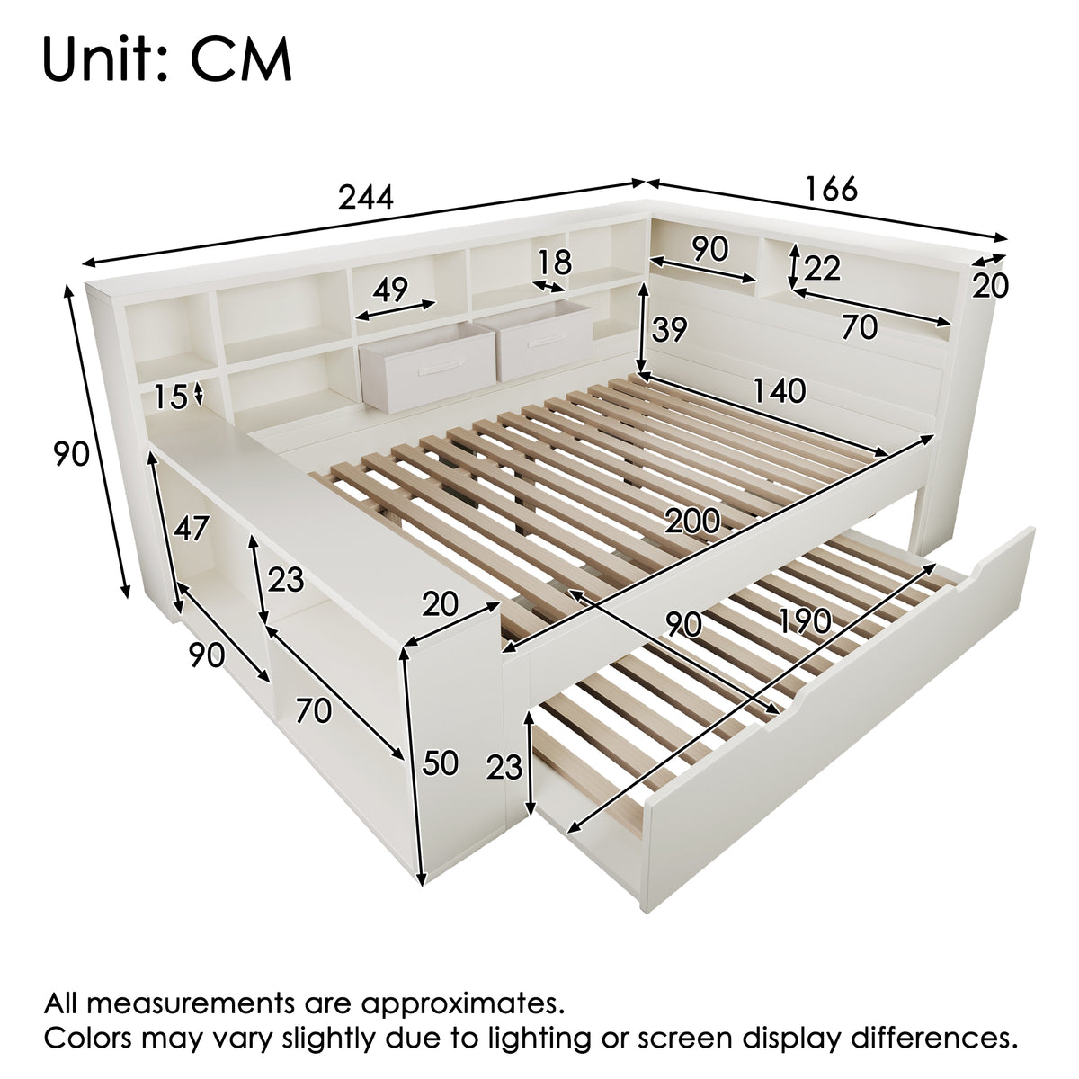 Storage Bed 140x200 with Pull-Out Bed & USB Ports, White Wood