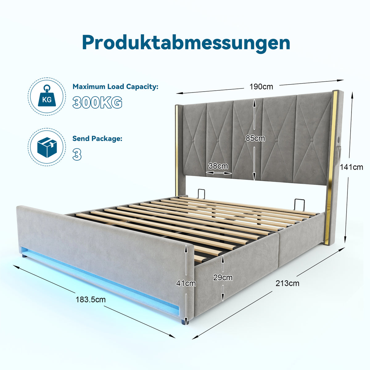 Padded Storage Bed 180x200cm with LED & USB, Velour