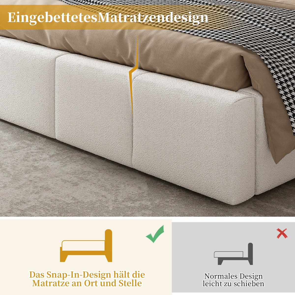 Upholstered Double Bed, 180x200cm Slatted Base Headboard, Beige Bouclé