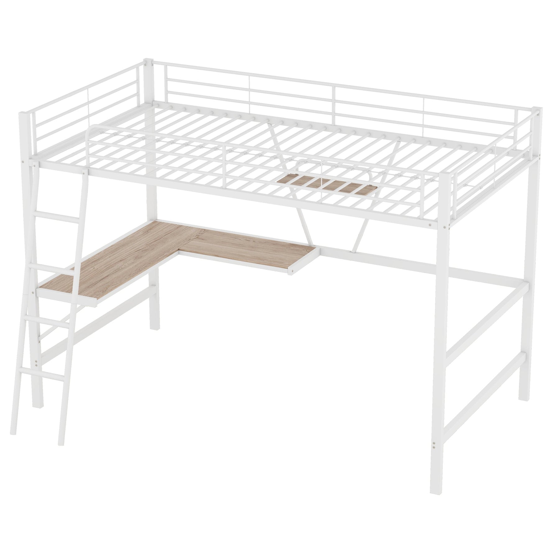Loft Bed with L-Shaped Desk and Shelf, 90x200cm Metal Frame, White